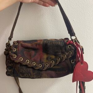 Desigual Multicolor Canvas Shoulder Bag with Red Heart Charm